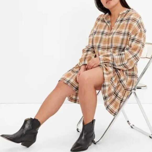 GAP Womens L Camel Plaid Button-Front Long Sleeve Tiered Dress Cotton Comfy Chic - Picture 13 of 14